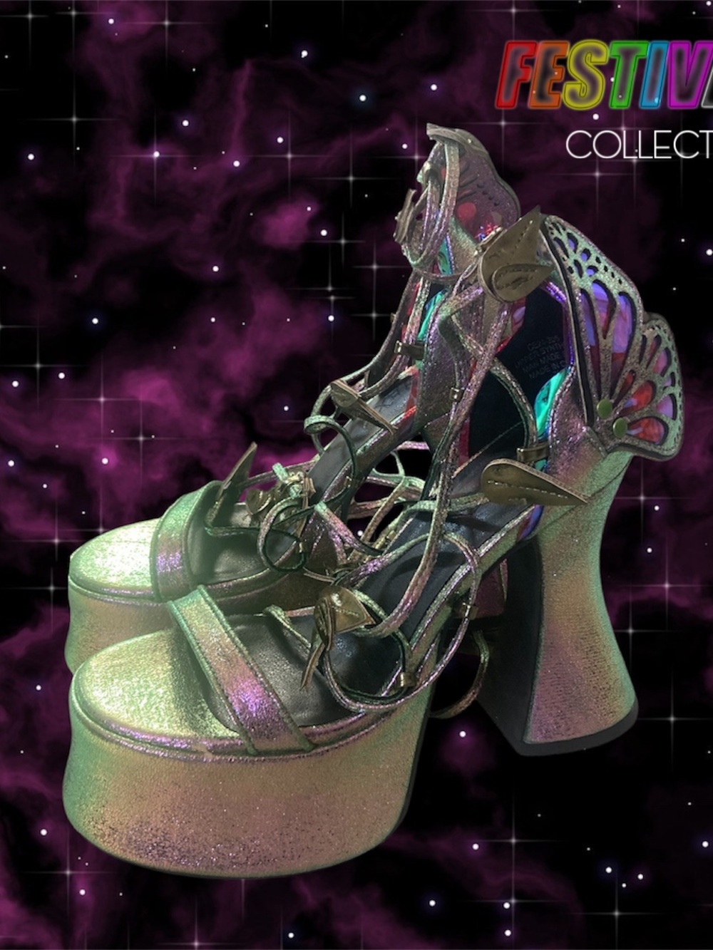 Rave Current Mood by Dolls Kill Pixie Queen Butterfly Lace Up Heels